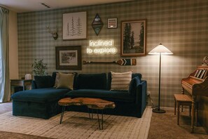 TV, fireplace, books