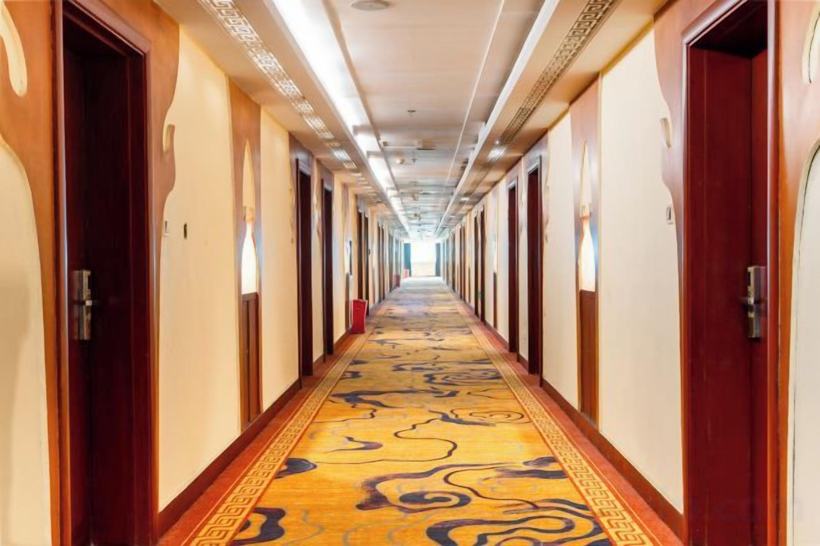 A hotel hallway with doors on both sides, carpeted with a patterned design, and overhead lighting.