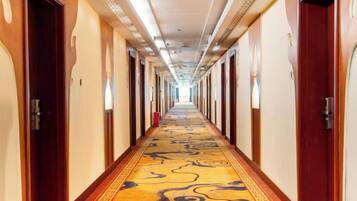 A hotel hallway with doors on both sides, carpeted with a patterned design, and overhead lighting.