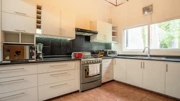 Family House, Pool View | Private kitchen | Full-sized fridge, electric kettle
