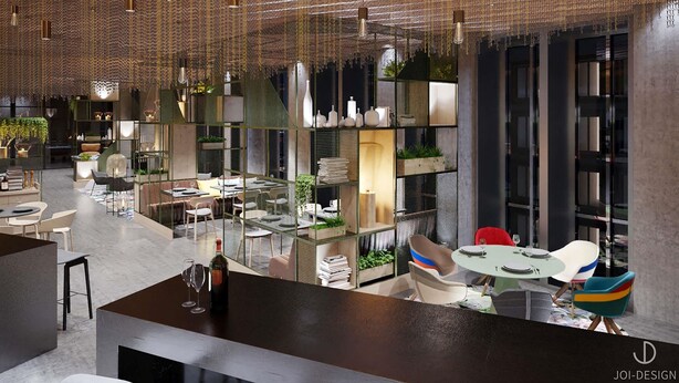A modern interior with a central bar area, seating arrangements, and decorative elements. - Novotel Hamburg Hafencity (Hamburg)
