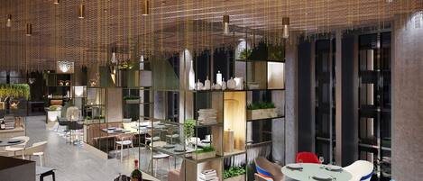 Un intérieur moderne avec un bar central, des espaces aménagés pour s’asseoir et des éléments décoratifs.
