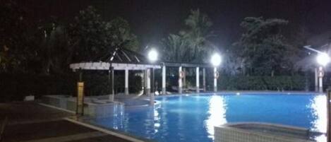 A swimming pool at night with a covered area and palm trees in the background.