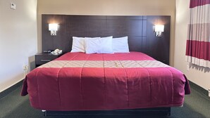 A hotel room with a large bed, a dark headboard, two bedside lamps, a telephone, and a window with curtains.