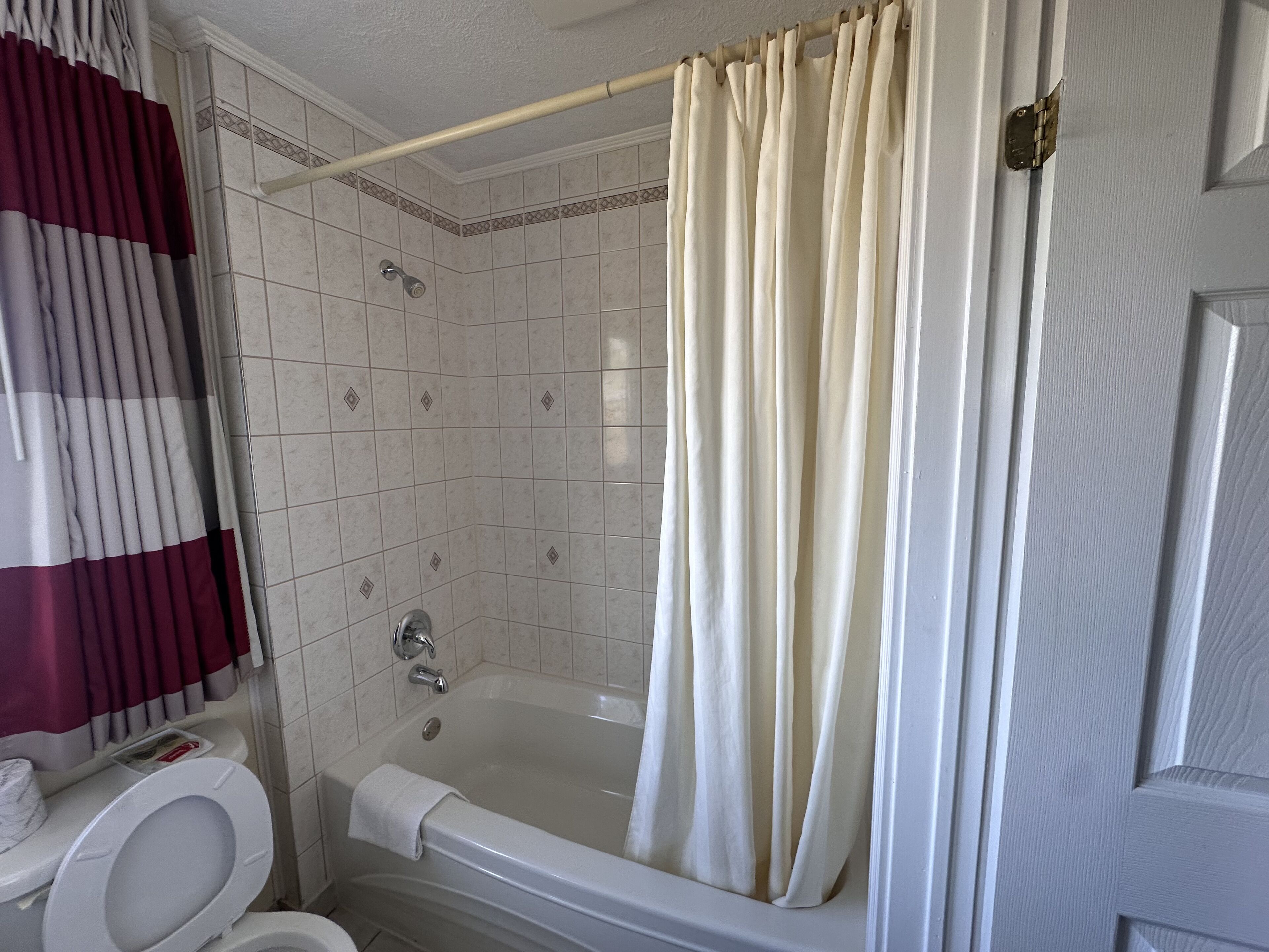 A bathroom with a bathtub, toilet, and shower curtain.