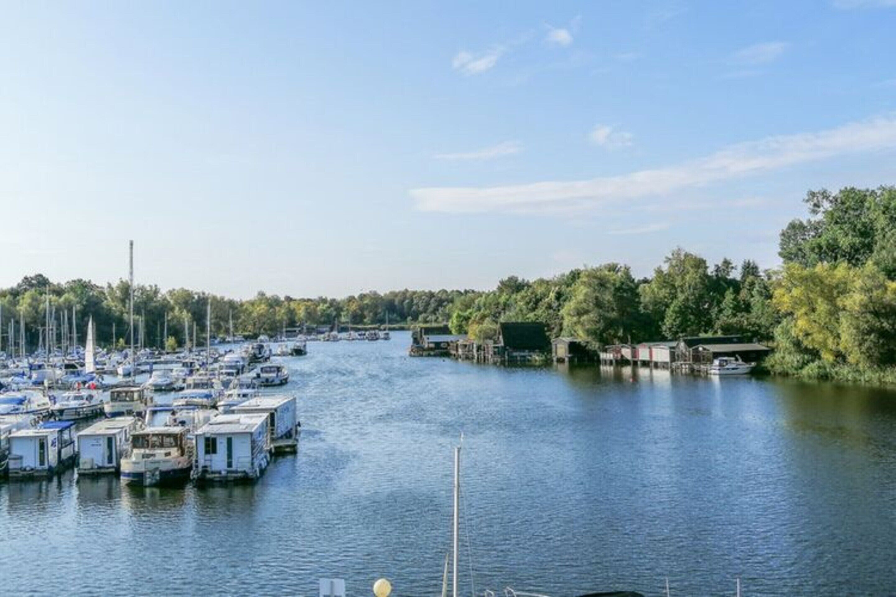 Un port de plaisance où de nombreux bateaux sont amarrés, entouré d’arbres et sous un ciel dégagé.
