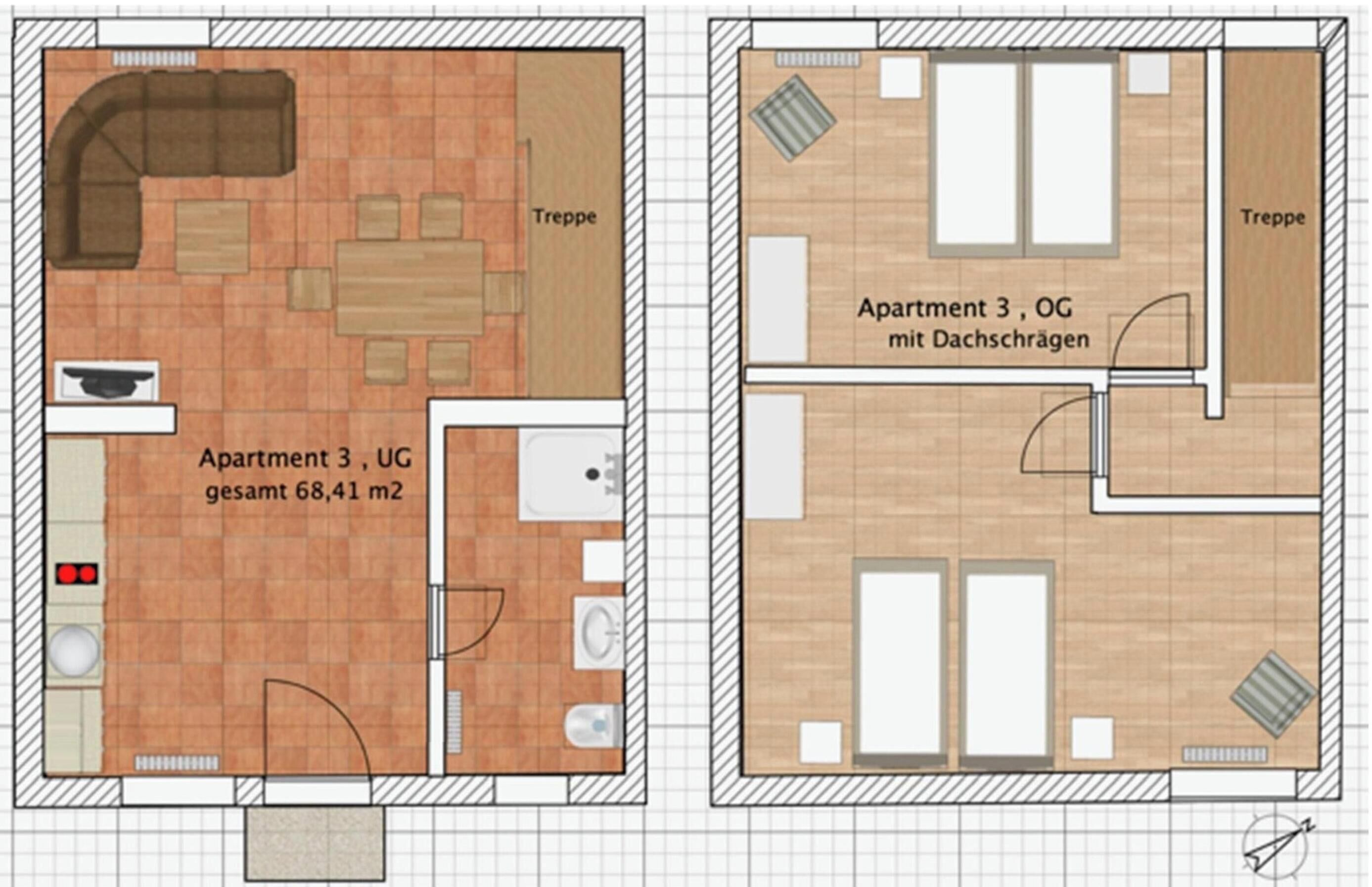 A floor plan of a hotel room with a kitchenette, a bathroom, and a living area.