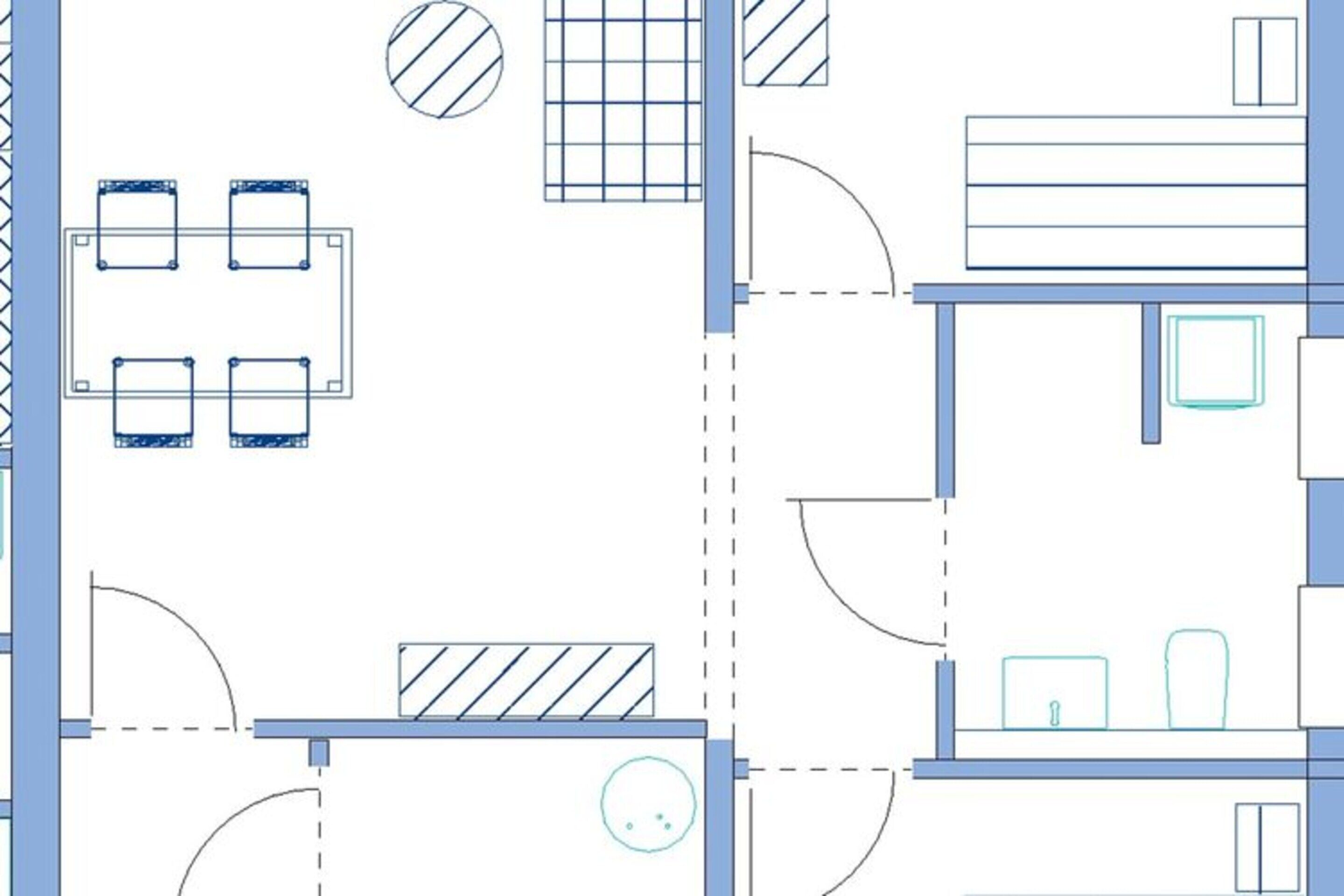 A hotel floor plan with four bedrooms, a bathroom, a kitchen, and a dining area.