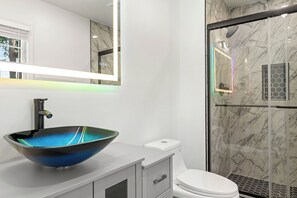 Eco-friendly toiletries, hair dryer, towels, soap