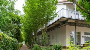 Un chemin bordé d’arbres et d’arbustes menant à un bâtiment doté d’un balcon.