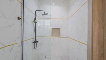 Shower, hair dryer, towels, toilet paper