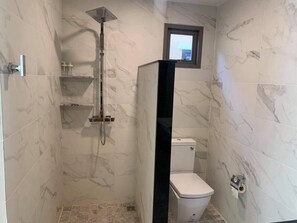 Shower, hair dryer, bidet, towels