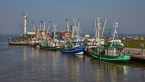 A marina with several fishing boats docked, a pier with a lighthouse, and a building with a sign that reads "Fisch". - Maisonette Wohnung Meerjungfrau, Dornumersiel (Dornum)