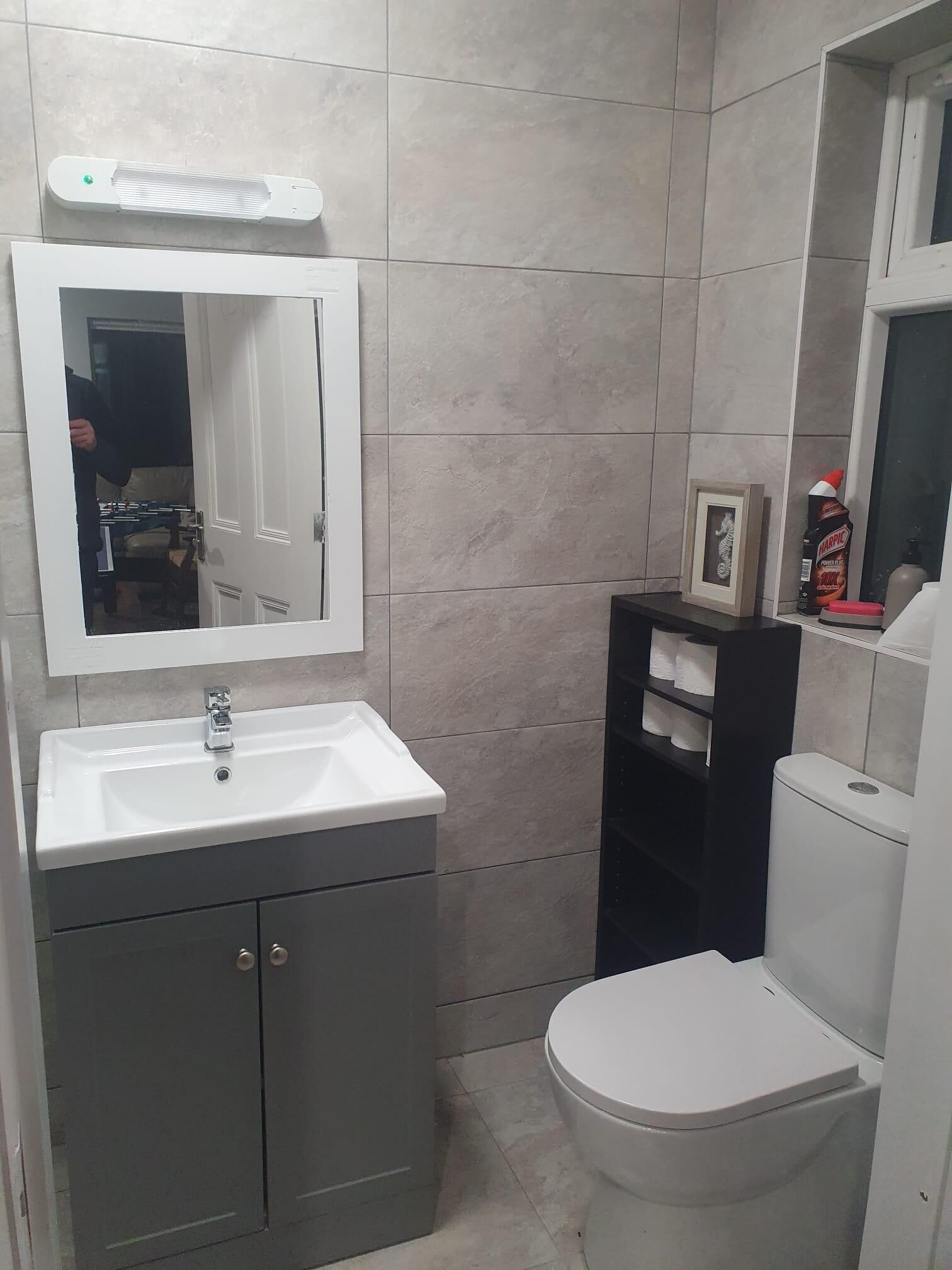 A bathroom with a white sink, a mirror, a toilet, and a shelf with toiletries.