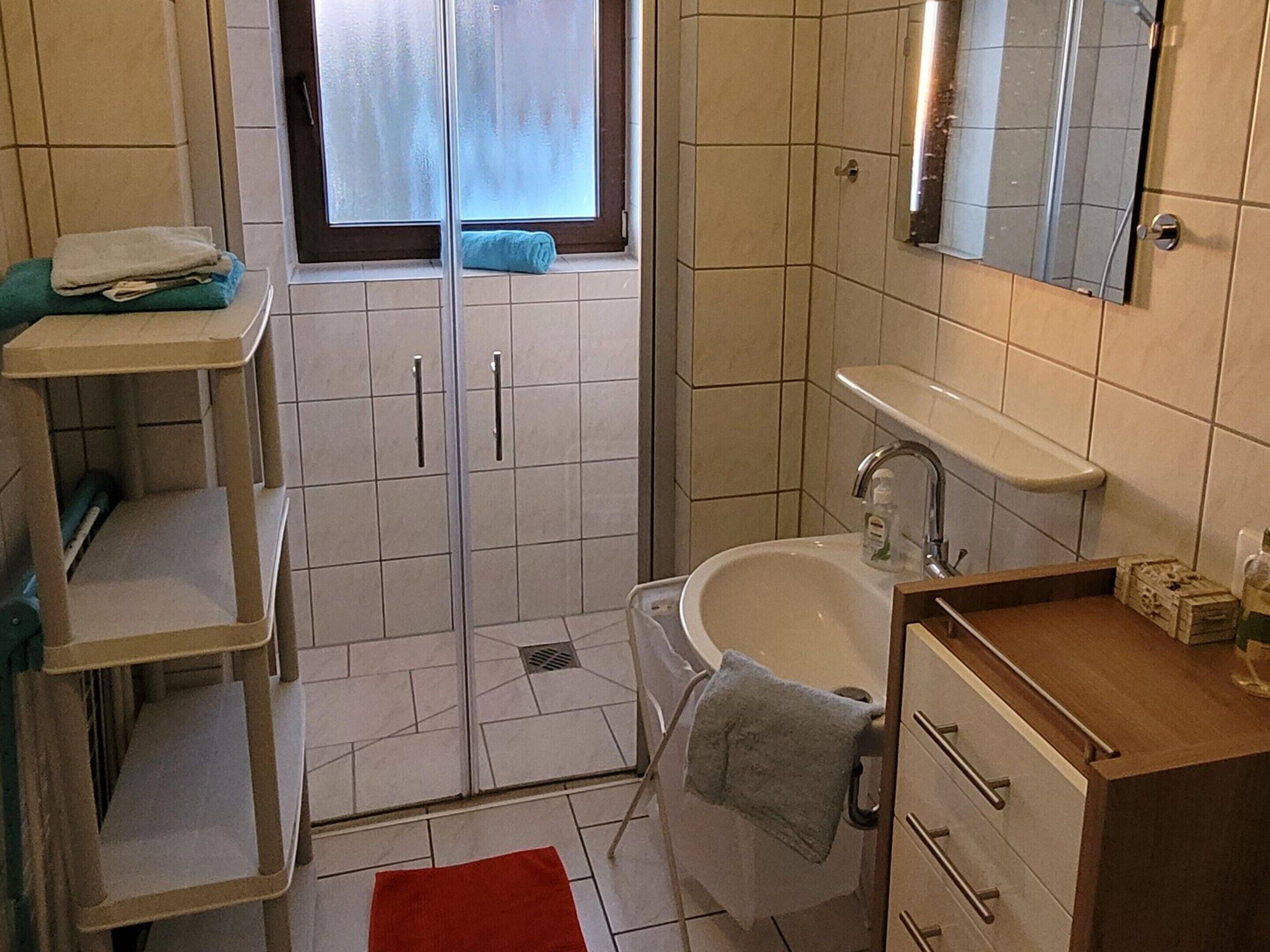 A bathroom with a shower, a sink, and a mirror. There are towels on a shelf and a red rug on the floor.