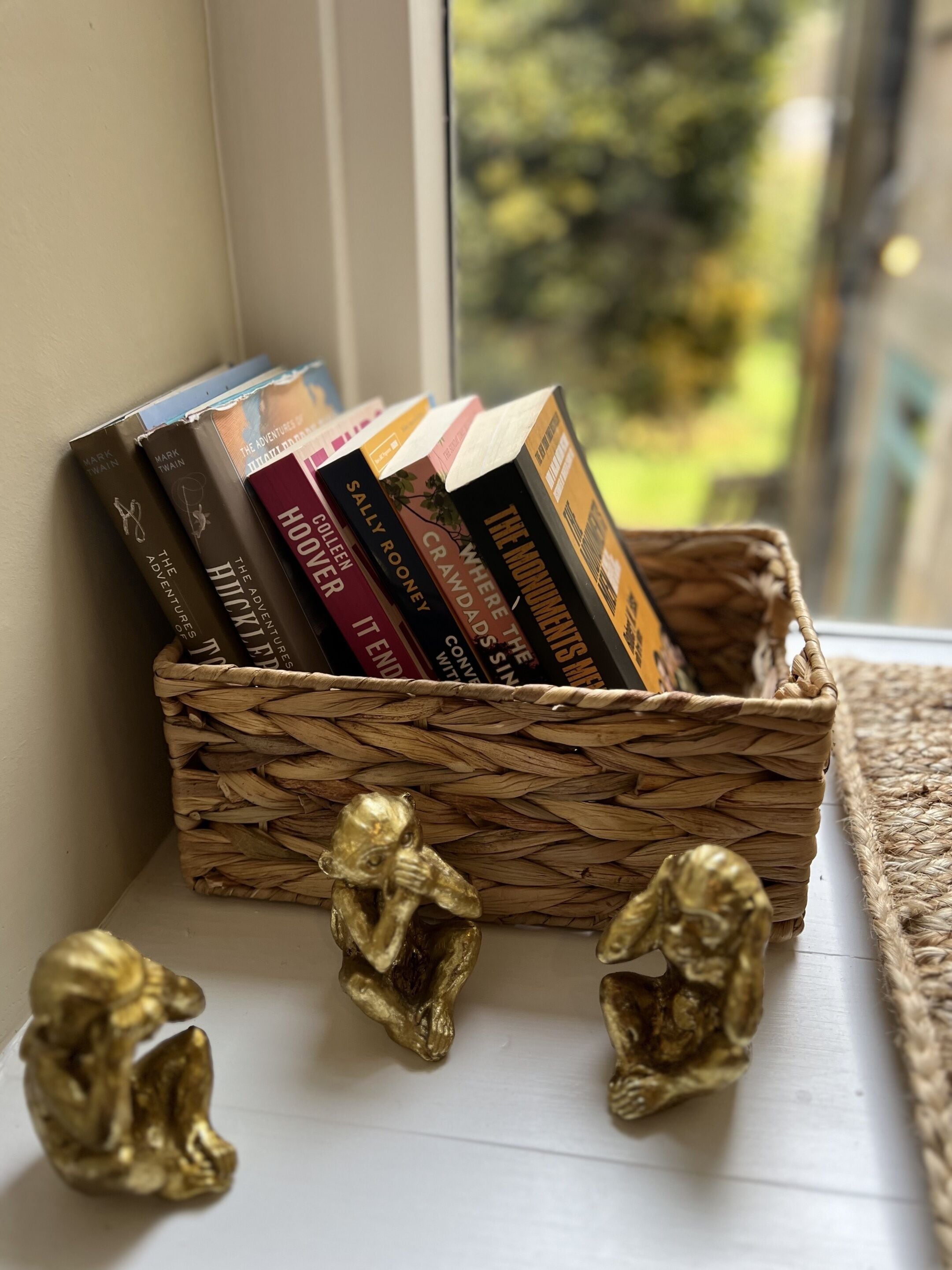 A woven basket containing books on a windowsill with a view of greenery outside.