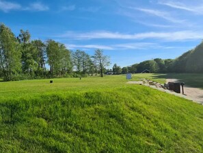 Eine grüne Wiese mit Bäumen und blauem Himmel.
