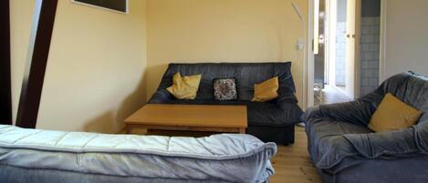 A living room with a sofa, a coffee table, and a bed.