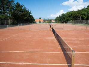A tennis court with a net, surrounded by trees and a fence. - 4 Star Holiday Home in Skagen (Skagen)