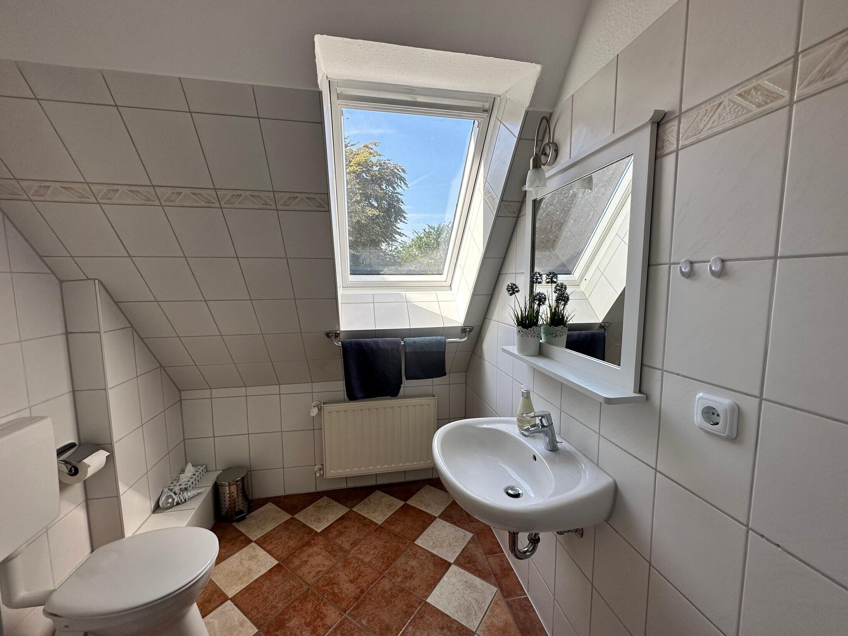 A bathroom with a white sink, a toilet, and a window providing natural light.