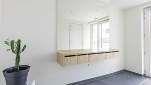 Un couloir moderne agrémenté d’un grand miroir, d’un cactus en pot et d’une armoire en bois dotée de plusieurs serrures.