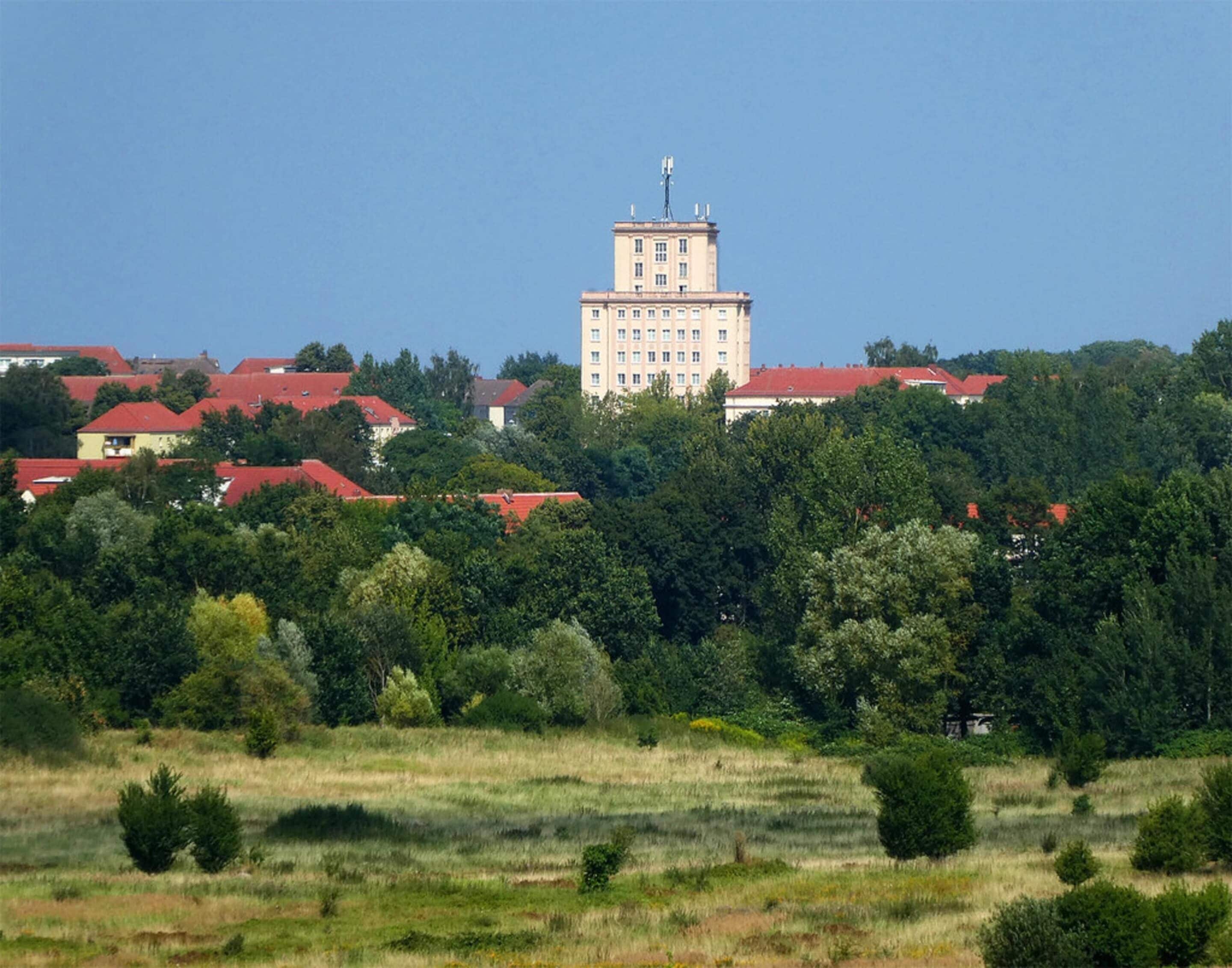 Un edificio grande con una torre, rodeado de árboles y casas con techos rojos.