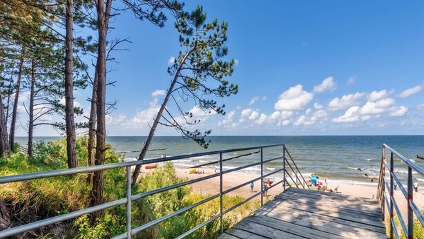 A wooden boardwalk leading to a beach with a metal railing, surrounded by trees and a clear sky. - Chalet in Wendorf (Kuhlen-Wendorf)