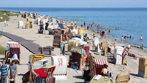 Une plage avec de nombreuses chaises longues et des parasols, une étendue de sable et l’océan en arrière-plan.
