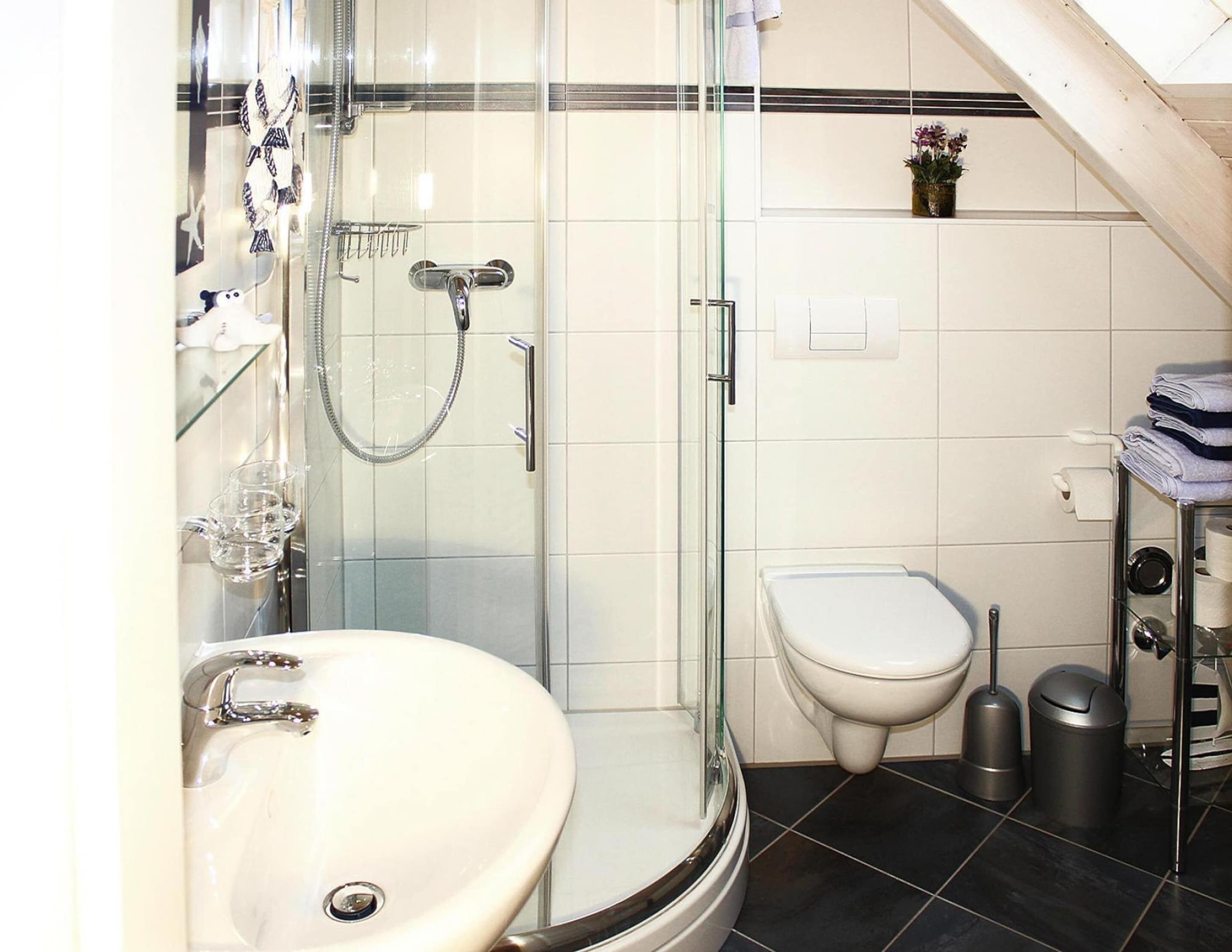 A modern bathroom with a glass-enclosed shower, a white sink, a toilet, and a small shelf with toiletries.
