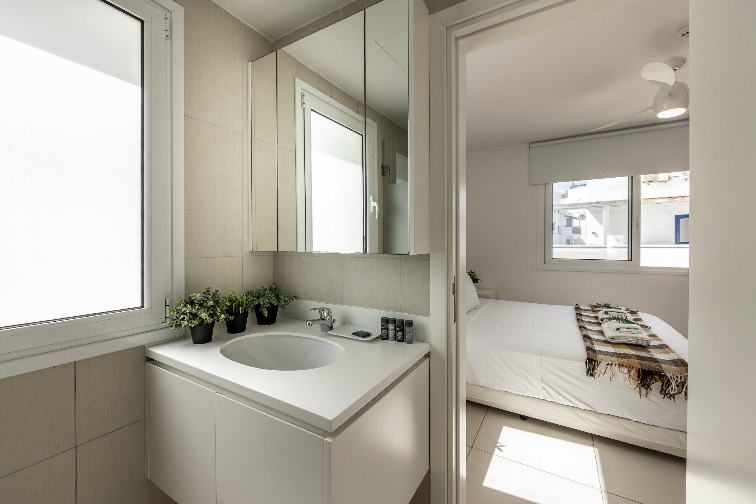 Une salle de bain moderne avec un grand lavabo, un miroir et des plantes en pot.