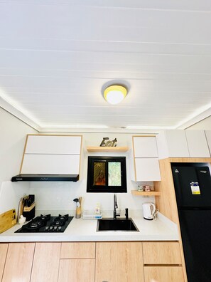 Réfrigérateur, micro-ondes, plaque de cuisson, bouilloire électrique