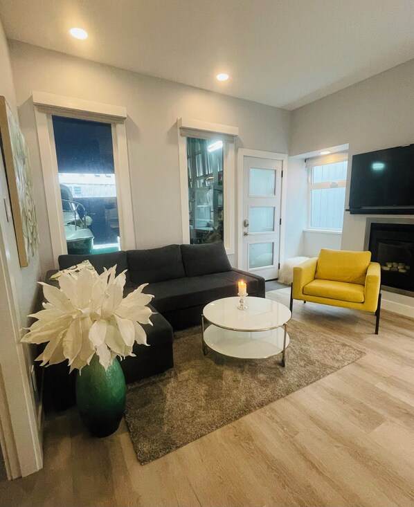 TV connectée, cheminée, livres