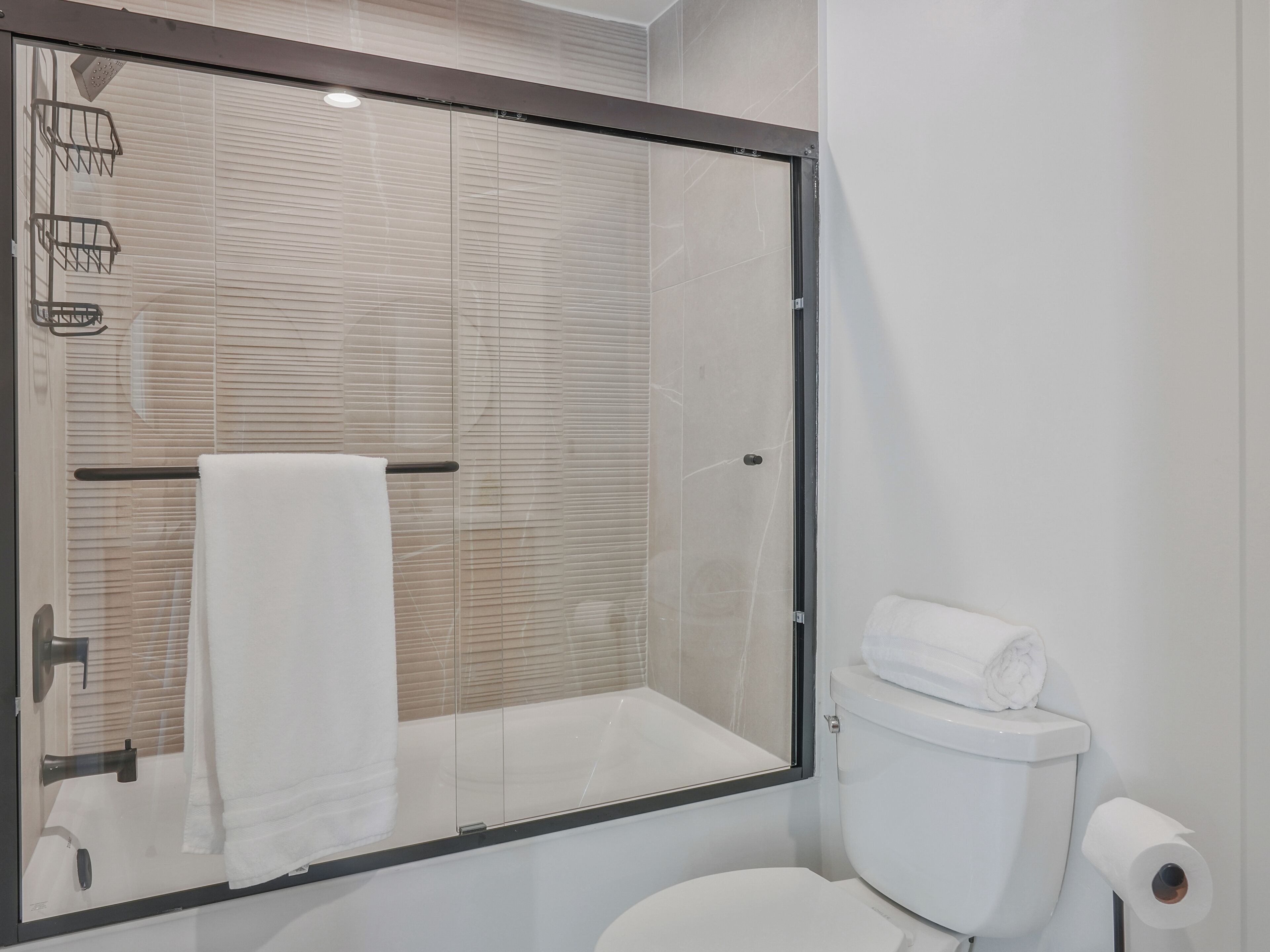 A modern bathroom with a glass-enclosed shower, a toilet, and a towel rack.