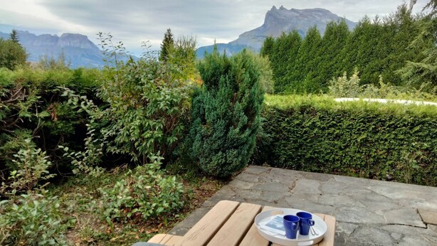 A wooden table with a tray holding two blue cups and a spoon, set on a stone patio with a mountain view in the background.