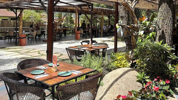 An outdoor patio area with tables and chairs, surrounded by greenery and trees. - Gaia Hotelaria e Gastronomia (Teresópolis)