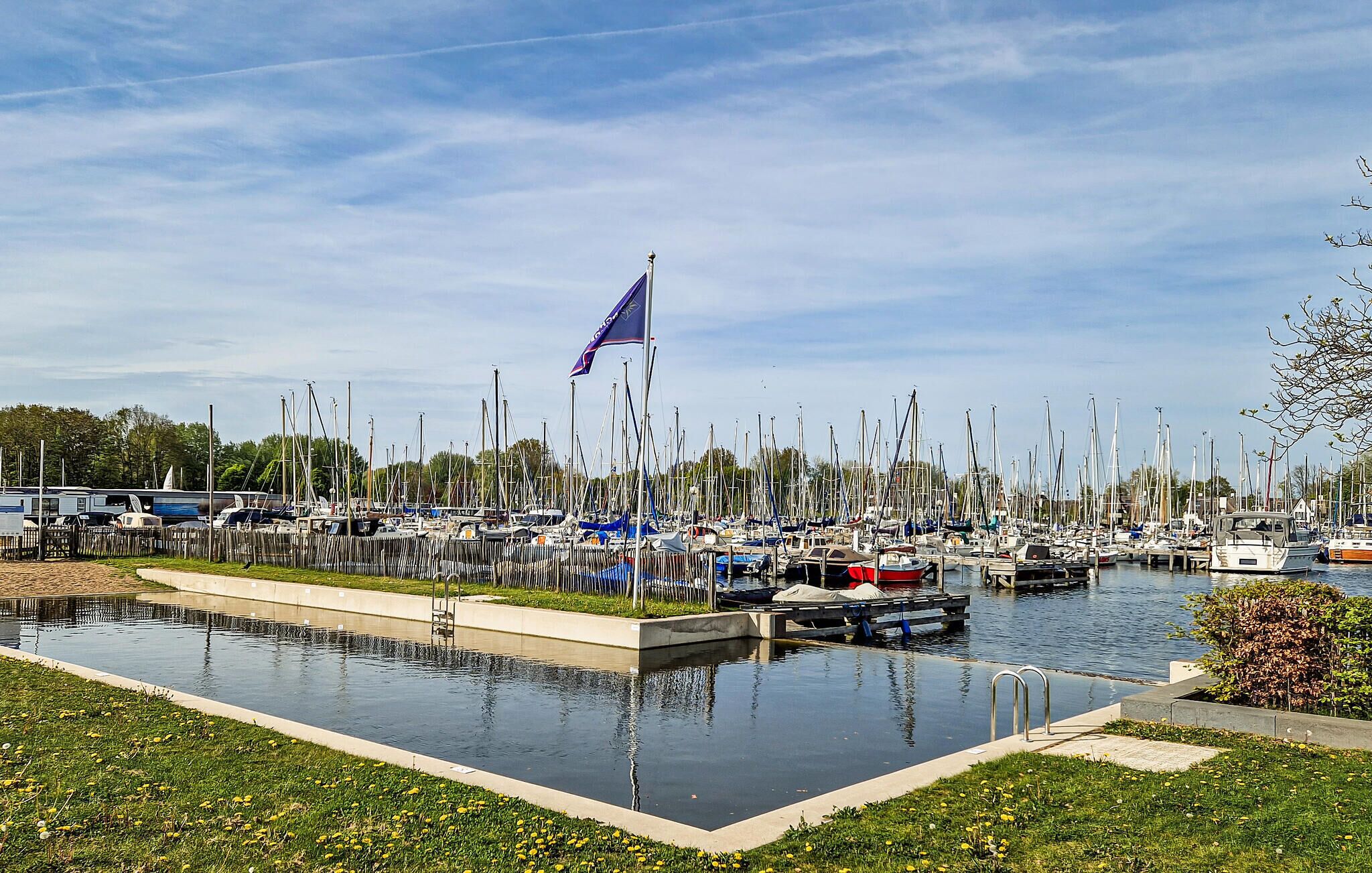 Un puerto deportivo con numerosas embarcaciones amarradas, una bandera ondeando y una zona verde al frente.