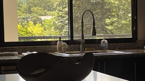 A kitchen with a large window, a modern sink, and a decorative bowl on the counter. - Relax in Costa Rica Pura Vida Style and enjoy the magic! (Coco)