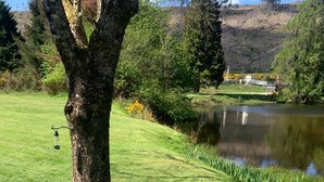 A grassy area with a pond, trees, and a hill in the background. - Cozy Highland Retreat With Stunning Views (Invergarry)