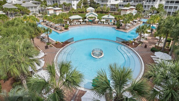 A large, circular swimming pool surrounded by palm trees and lounge chairs, with a view of multi-story buildings in the background.