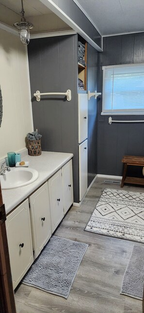 Hair dryer, towels, soap, toilet paper
