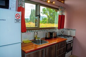 Cabaña básica, vistas a la colina | Cocina privada | Frigorífico grande, microondas, horno y placa de cocina