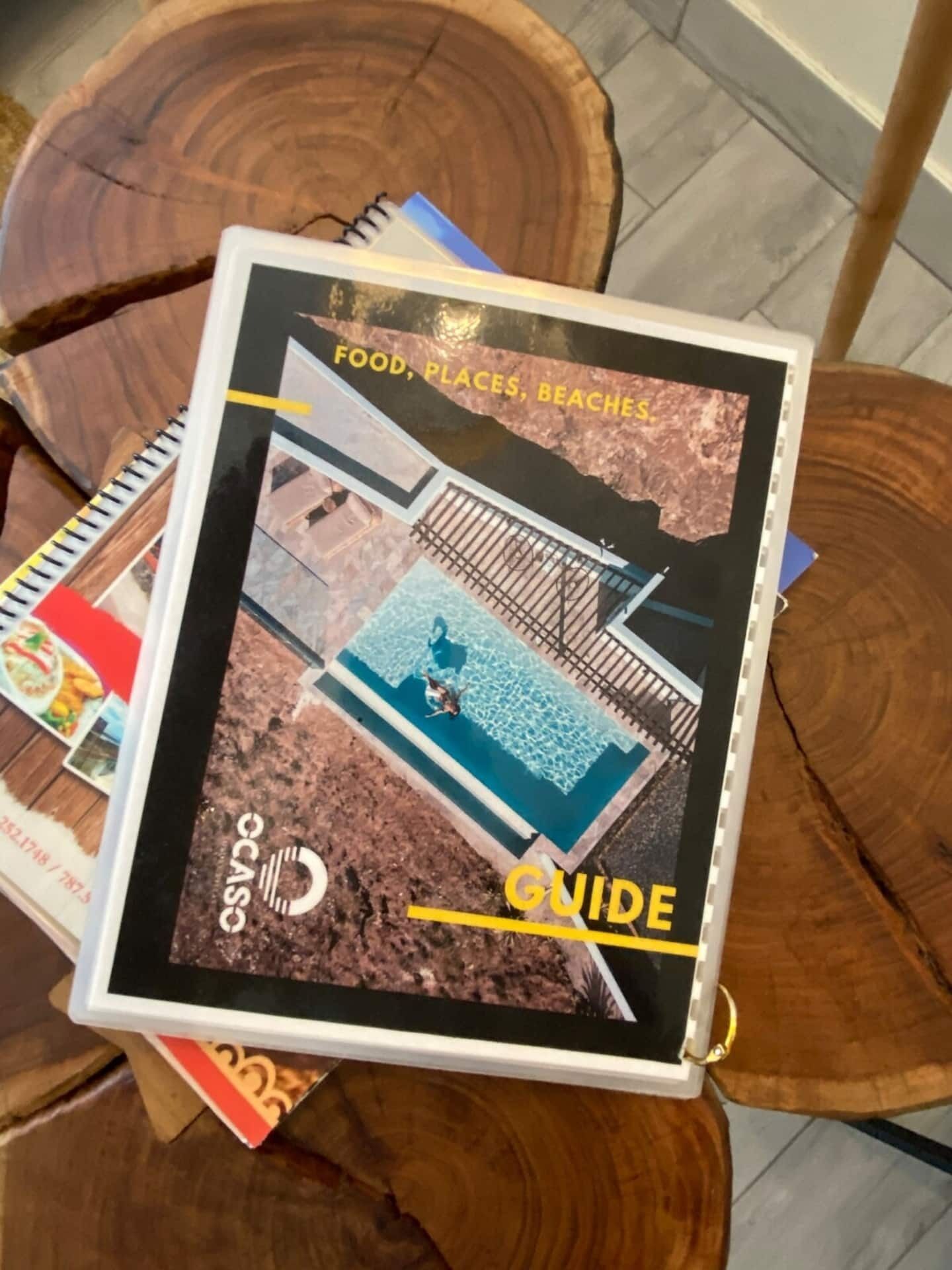 Una guía de viajes con una portada que muestra una piscina y el texto 'FOOD, PLACES, BEACHES'.