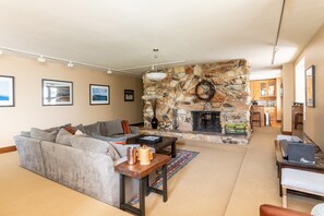 Télévision, cheminée, lecteur de DVD, livres