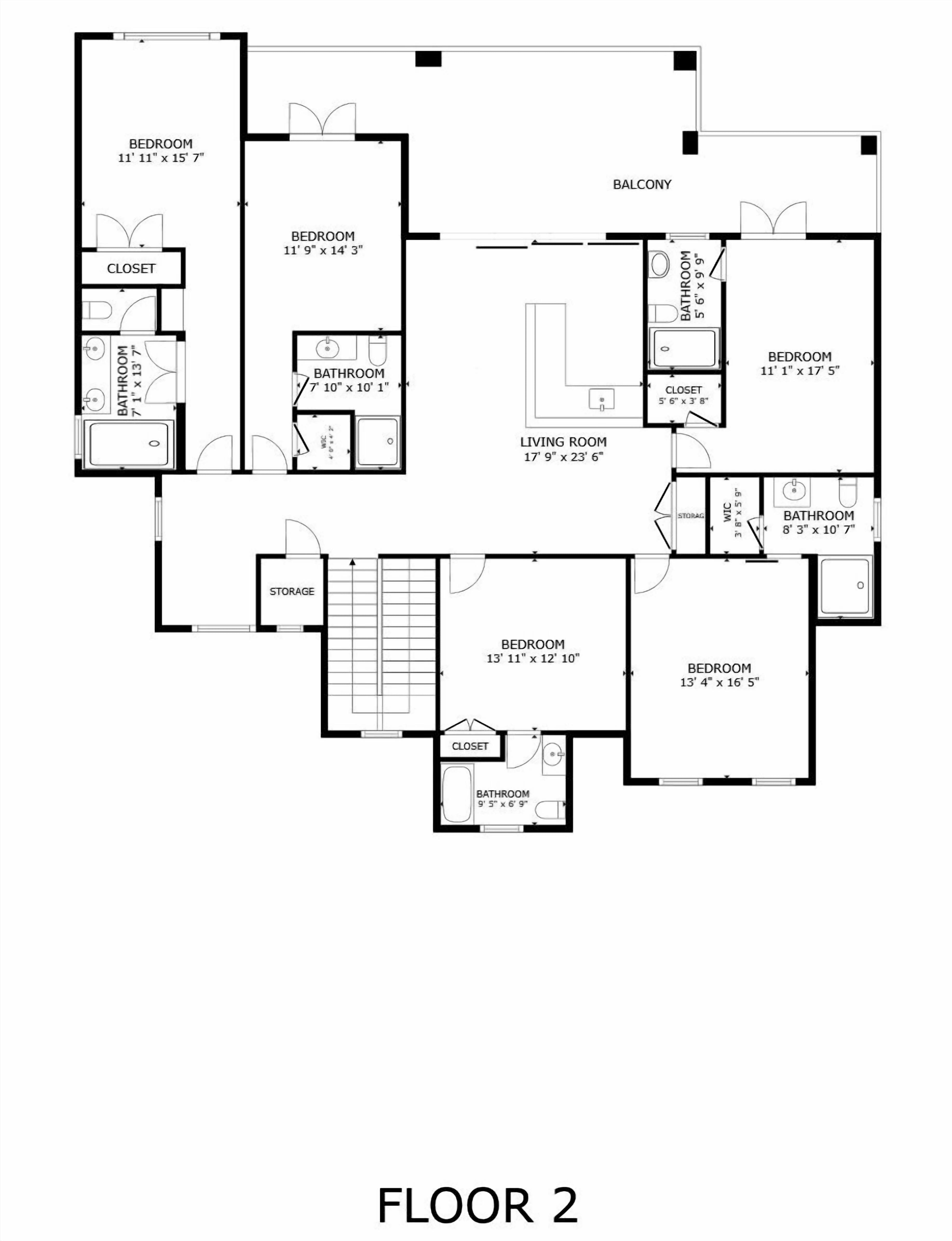 Een plattegrond van een gebouw met twee verdiepingen, met meerdere slaapkamers, badkamers, een woonkamer en een balkon.