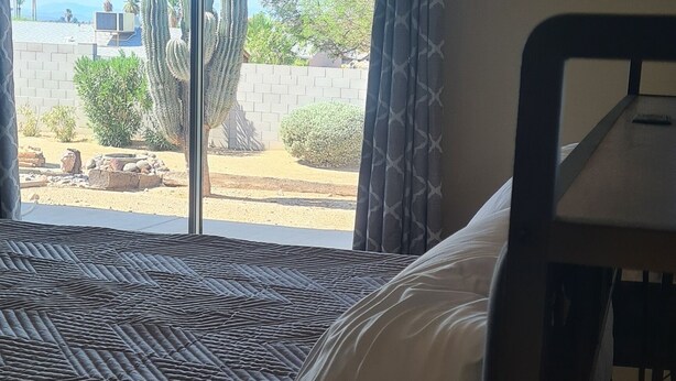 A hotel room with a bed, a window with curtains, and a view of a cactus and desert landscape. - Calm saguaro cacti house with palms and oleanders, chirping quails.  (Phoenix)
