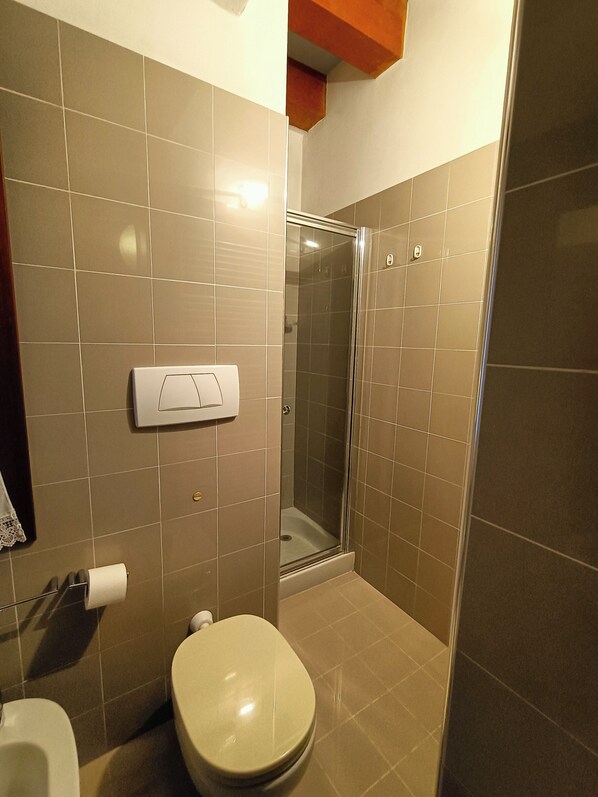 Un baño con inodoro, ducha y secador de manos.