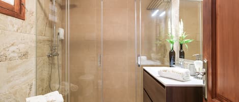 Shower, hair dryer, towels