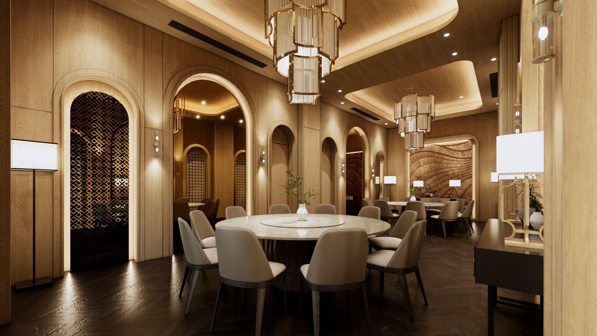A modern dining area with a round table, multiple chairs, and elegant lighting fixtures.