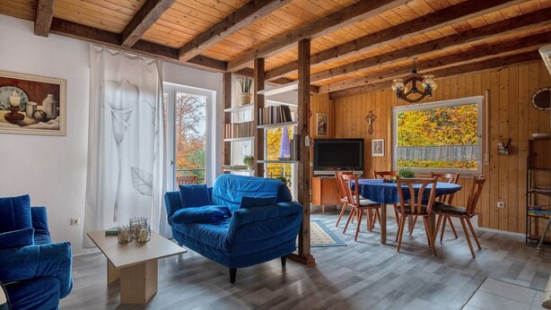 Un intérieur en bois avec un canapé, une table à manger et des chaises.