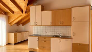 Fridge, stovetop, dishwasher, coffee/tea maker